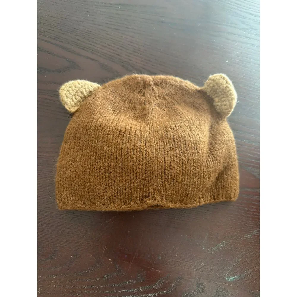 Handmade Monkey Hat Knit Bear Beanie Hat Brown Alpaca Fleece Lined 3D